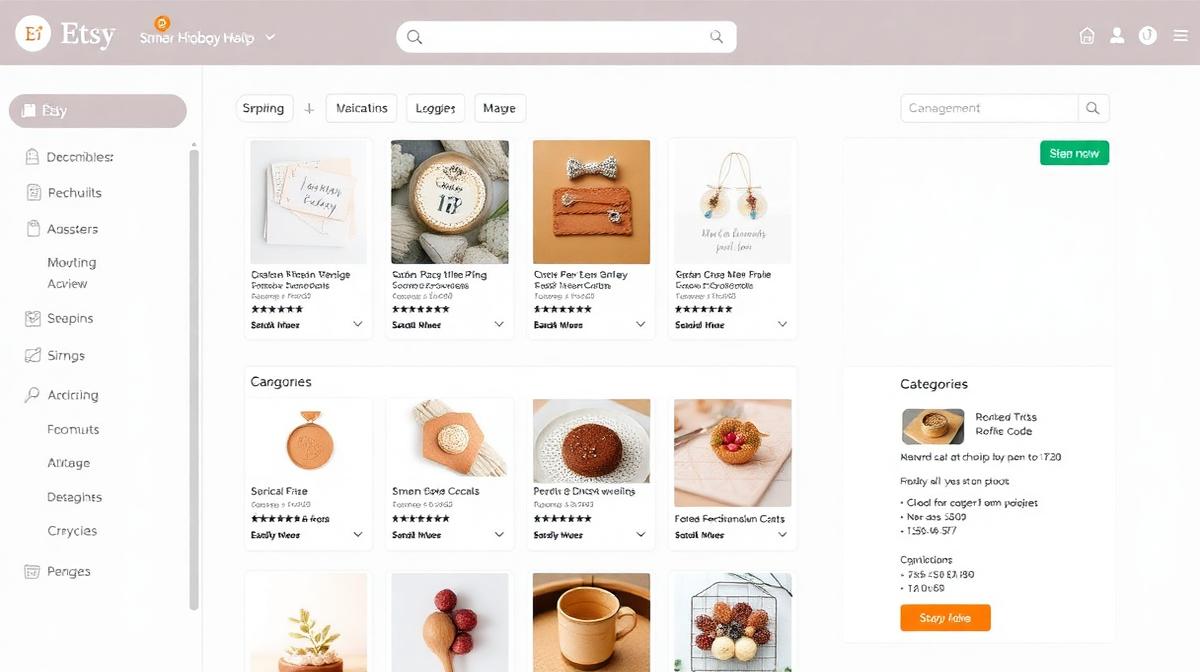 Etsy shop dashboard with organized product listings, tags, and categories