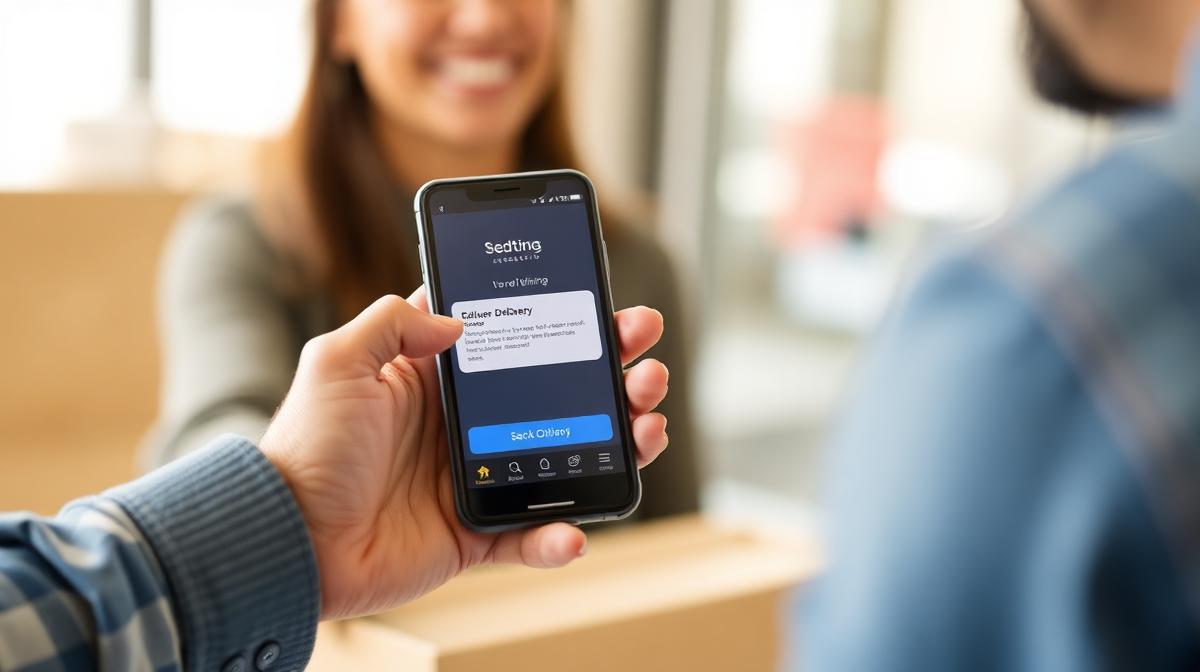 Customer receiving package delivery notification on smartphone, happy tracking experience
