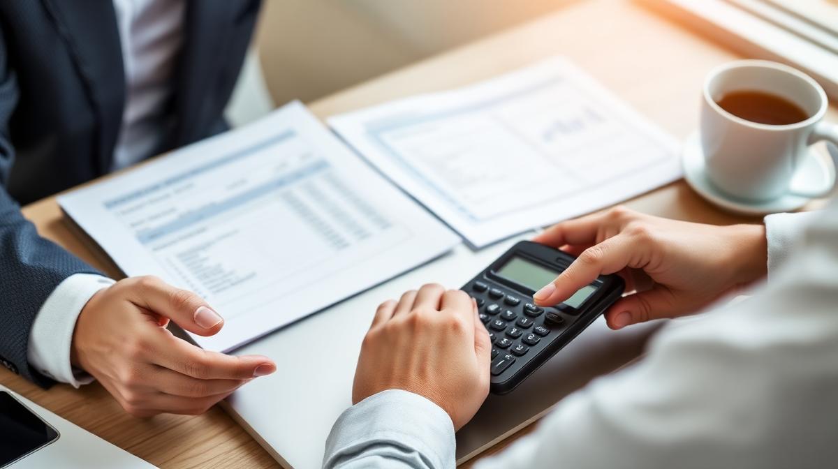 Business owner analyzing outsourcing costs with calculator and expense spreadsheet