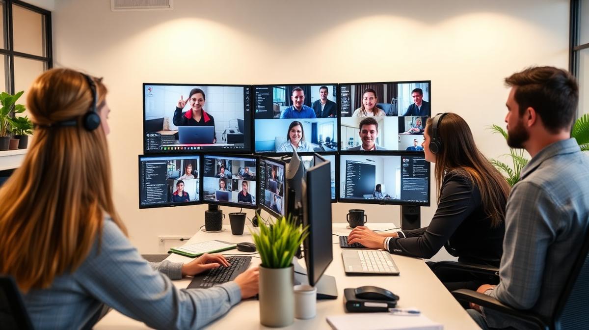 Remote outsourcing team collaborating via video call for data entry operations