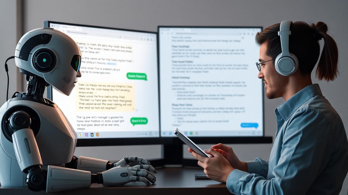 AI robot and human editor collaborating on product descriptions, hybrid writing workflow
