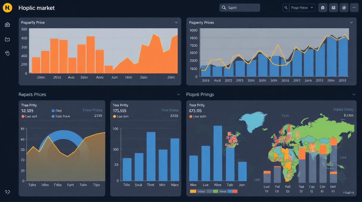 Real estate market analysis dashboard showing property price trends and geographic heat maps
